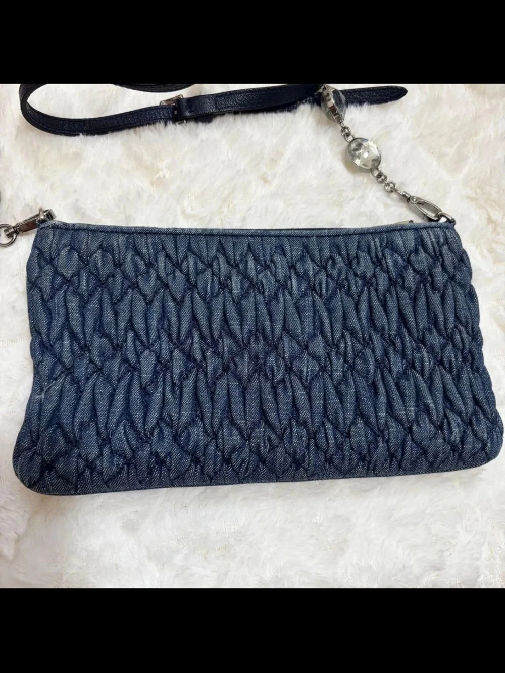 Miu Miu Navy Quilted Denim Crossbody with Crystal Accent